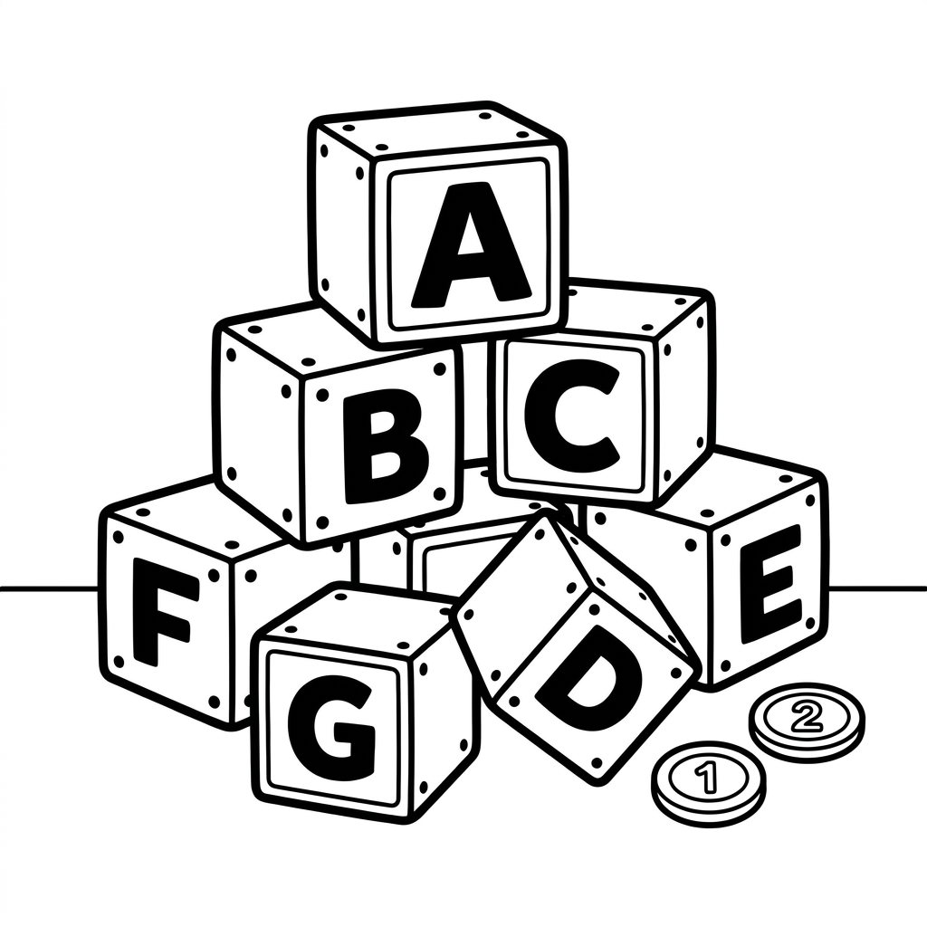 Welcome to preschool coloring page of stacked wooden alphabet blocks with large bold letters and number buttons